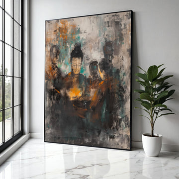 Abstract Buddha Meditation Group Canvas, Spiritual Wall Art, Zen Decor, Modern Asian Art Painting, Mindfulness Gift Art, Home Decor, Print