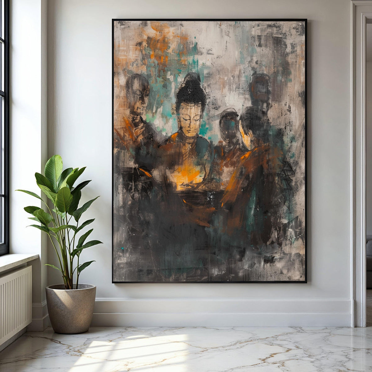 Abstract Buddha Meditation Group Canvas, Spiritual Wall Art, Zen Decor, Modern Asian Art Painting, Mindfulness Gift Art, Home Decor, Print