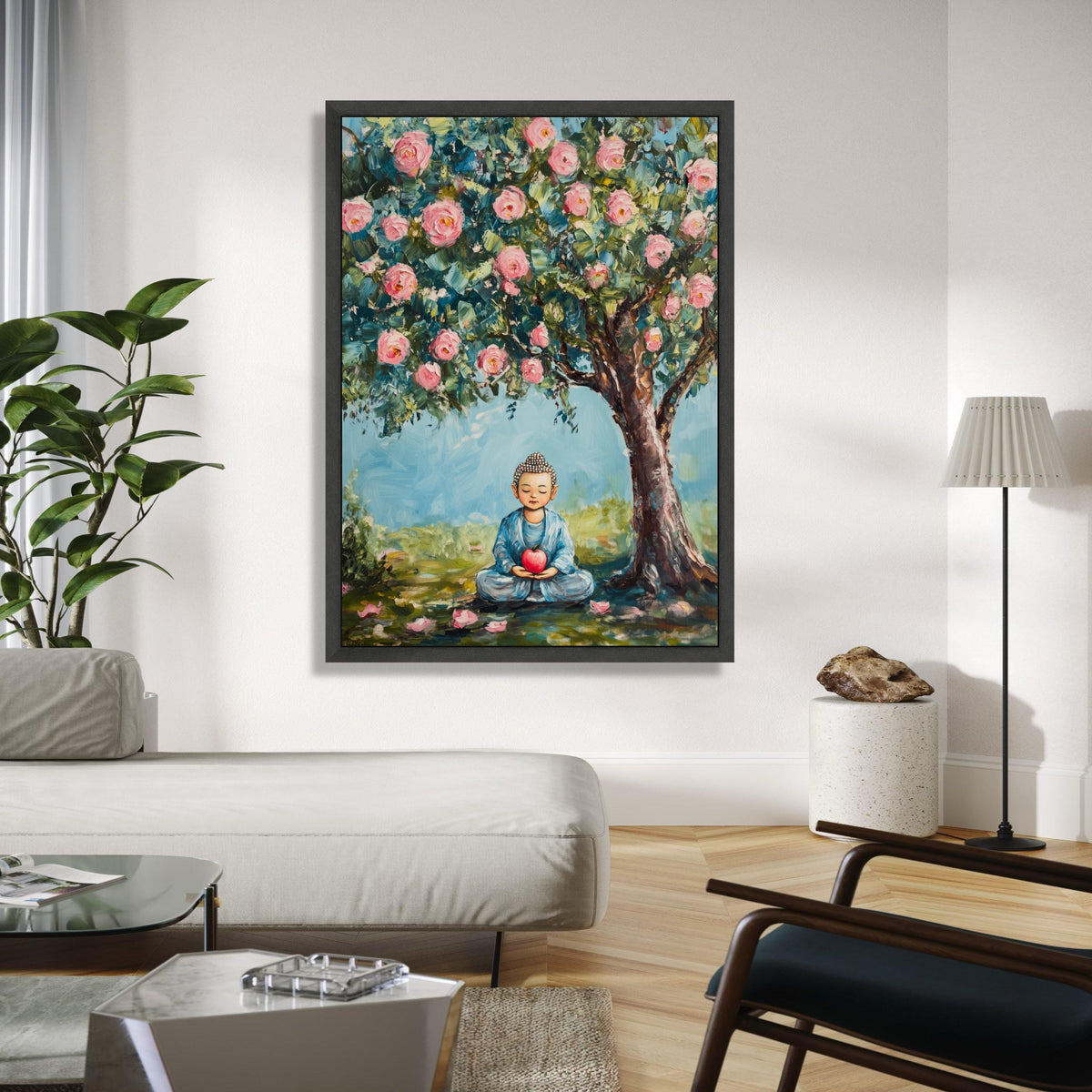 Meditating Buddha Canvas, Peaceful Garden Scene, Pink Blossom Tree Wall Art, Tranquil Home Decor, Spiritual Gift Art, Home Decor, Print