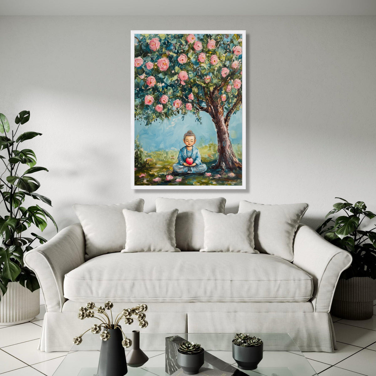 Meditating Buddha Canvas, Peaceful Garden Scene, Pink Blossom Tree Wall Art, Tranquil Home Decor, Spiritual Gift Art, Home Decor, Print