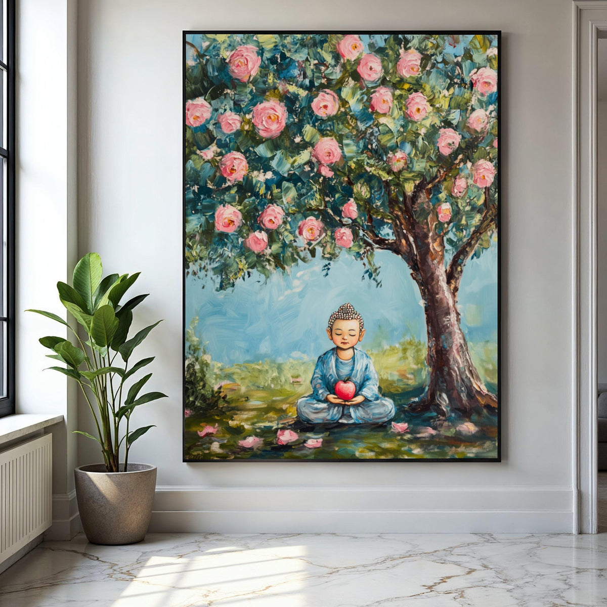 Meditating Buddha Canvas, Peaceful Garden Scene, Pink Blossom Tree Wall Art, Tranquil Home Decor, Spiritual Gift Art, Home Decor, Print