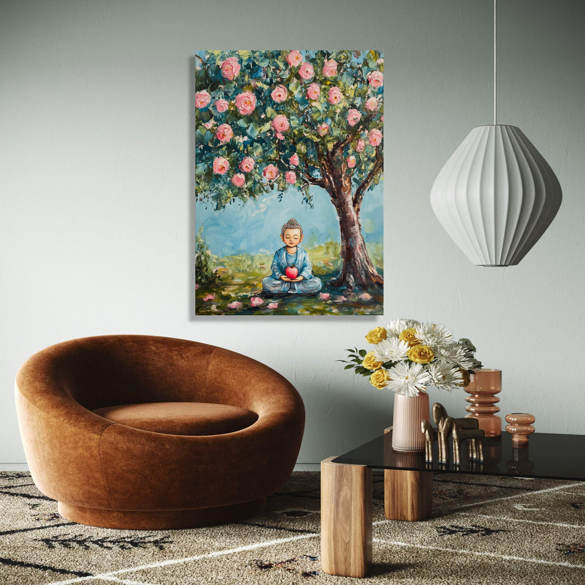 Meditating Buddha Canvas, Peaceful Garden Scene, Pink Blossom Tree Wall Art, Tranquil Home Decor, Spiritual Gift Art, Home Decor, Print