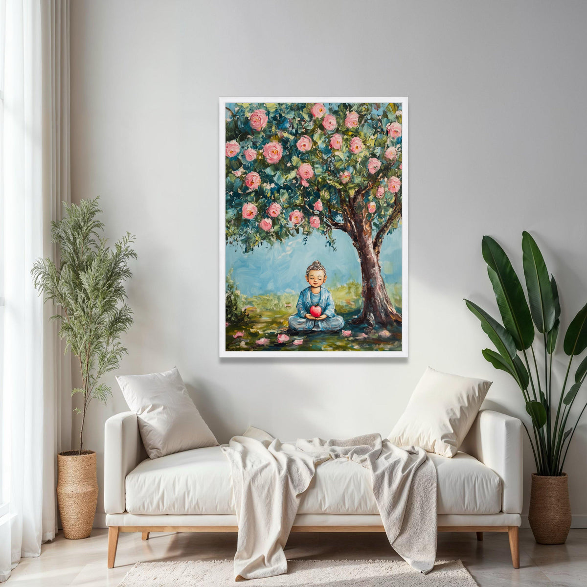 Meditating Buddha Canvas, Peaceful Garden Scene, Pink Blossom Tree Wall Art, Tranquil Home Decor, Spiritual Gift Art, Home Decor, Print