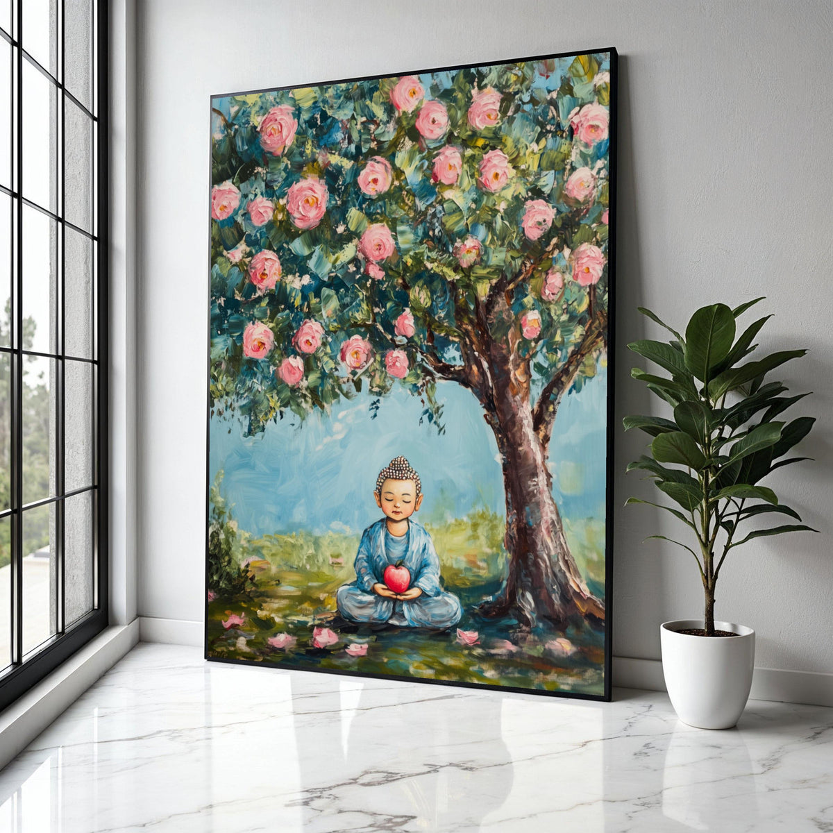 Meditating Buddha Canvas, Peaceful Garden Scene, Pink Blossom Tree Wall Art, Tranquil Home Decor, Spiritual Gift Art, Home Decor, Print