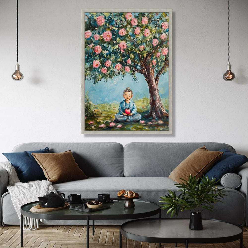 Meditating Buddha Canvas, Peaceful Garden Scene, Pink Blossom Tree Wall Art, Tranquil Home Decor, Spiritual Gift Art, Home Decor, Print