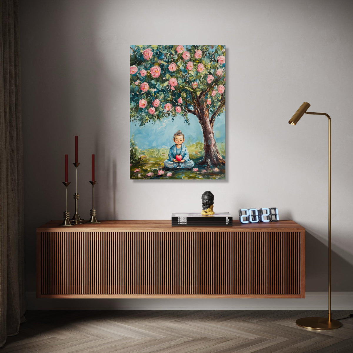 Meditating Buddha Canvas, Peaceful Garden Scene, Pink Blossom Tree Wall Art, Tranquil Home Decor, Spiritual Gift Art, Home Decor, Print