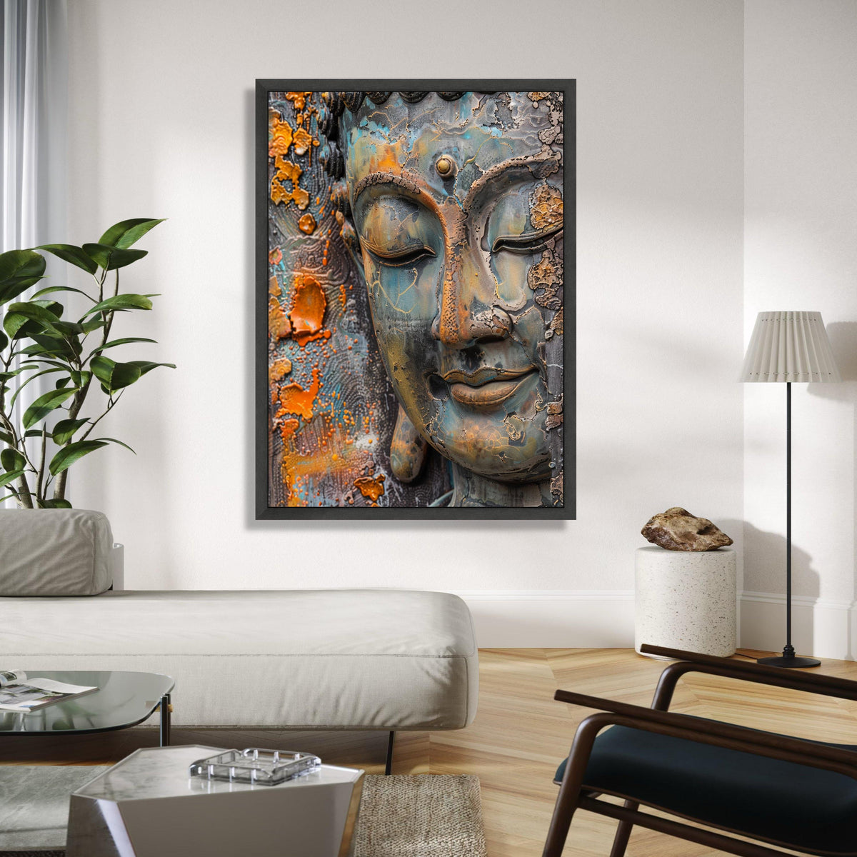 Serene Buddha Face Canvas Wall Art, Rustic Patina Spiritual Meditation Decor, Zen Home Decoration, Peaceful Gift Art, Home Decor, Print