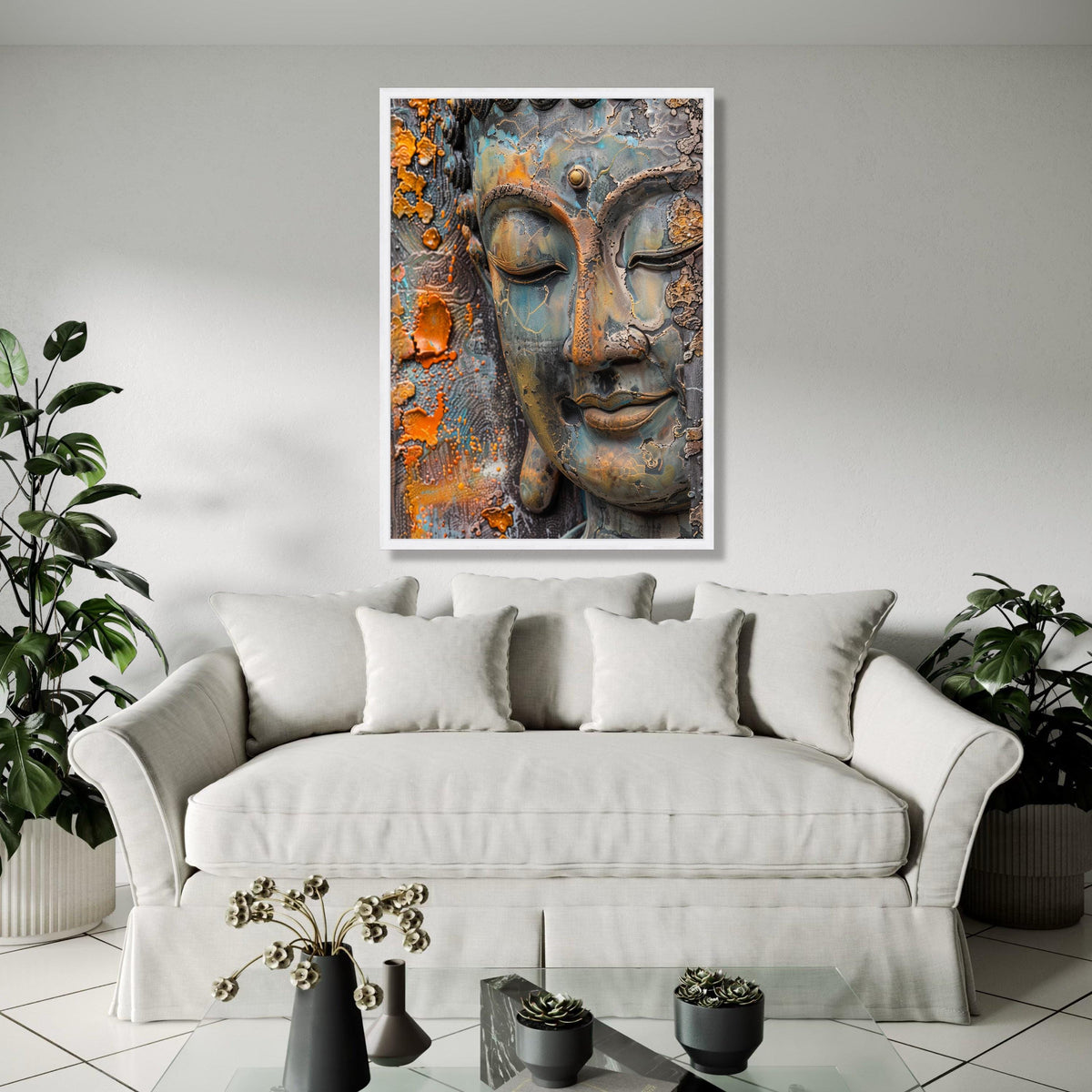Serene Buddha Face Canvas Wall Art, Rustic Patina Spiritual Meditation Decor, Zen Home Decoration, Peaceful Gift Art, Home Decor, Print