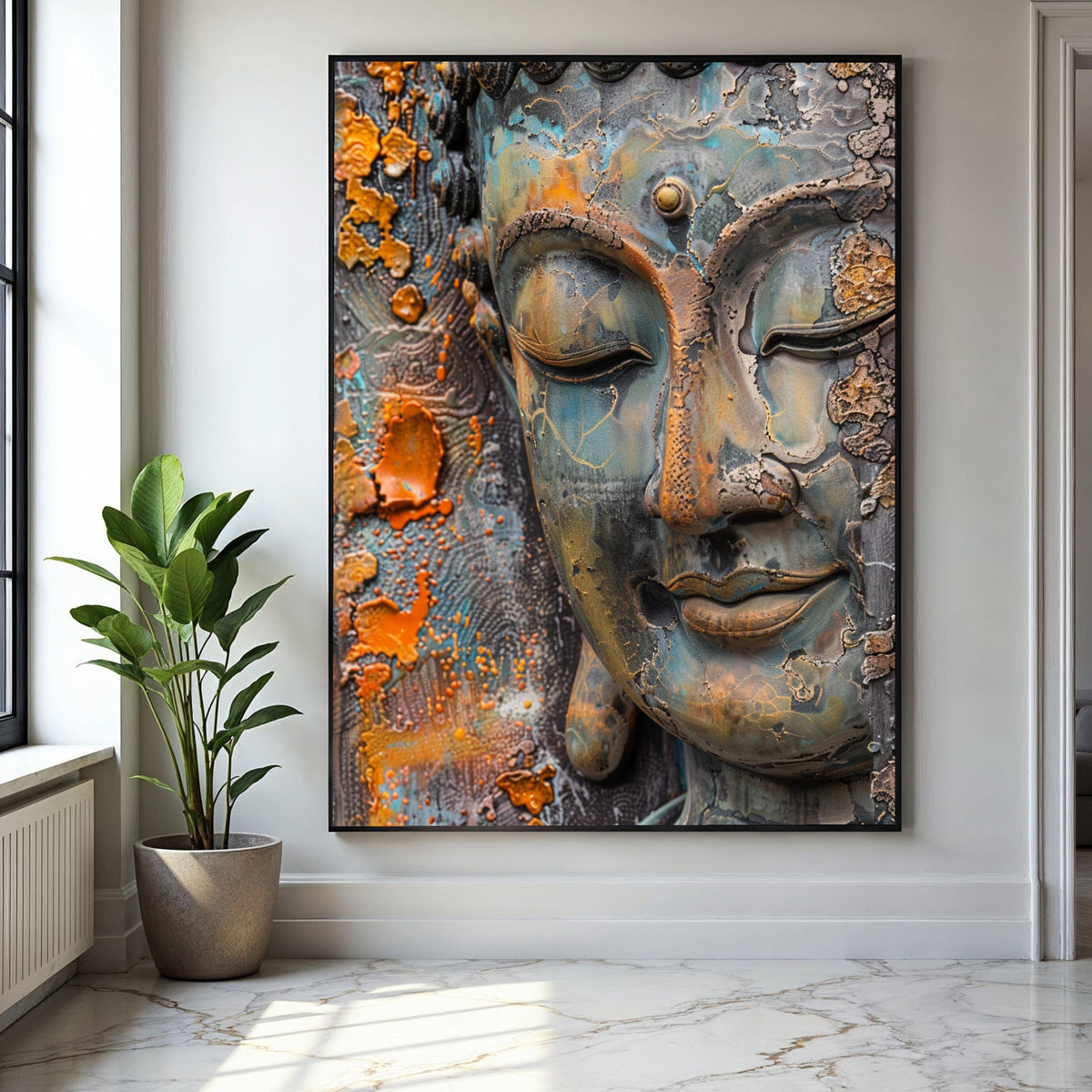 Serene Buddha Face Canvas Wall Art, Rustic Patina Spiritual Meditation Decor, Zen Home Decoration, Peaceful Gift Art, Home Decor, Print