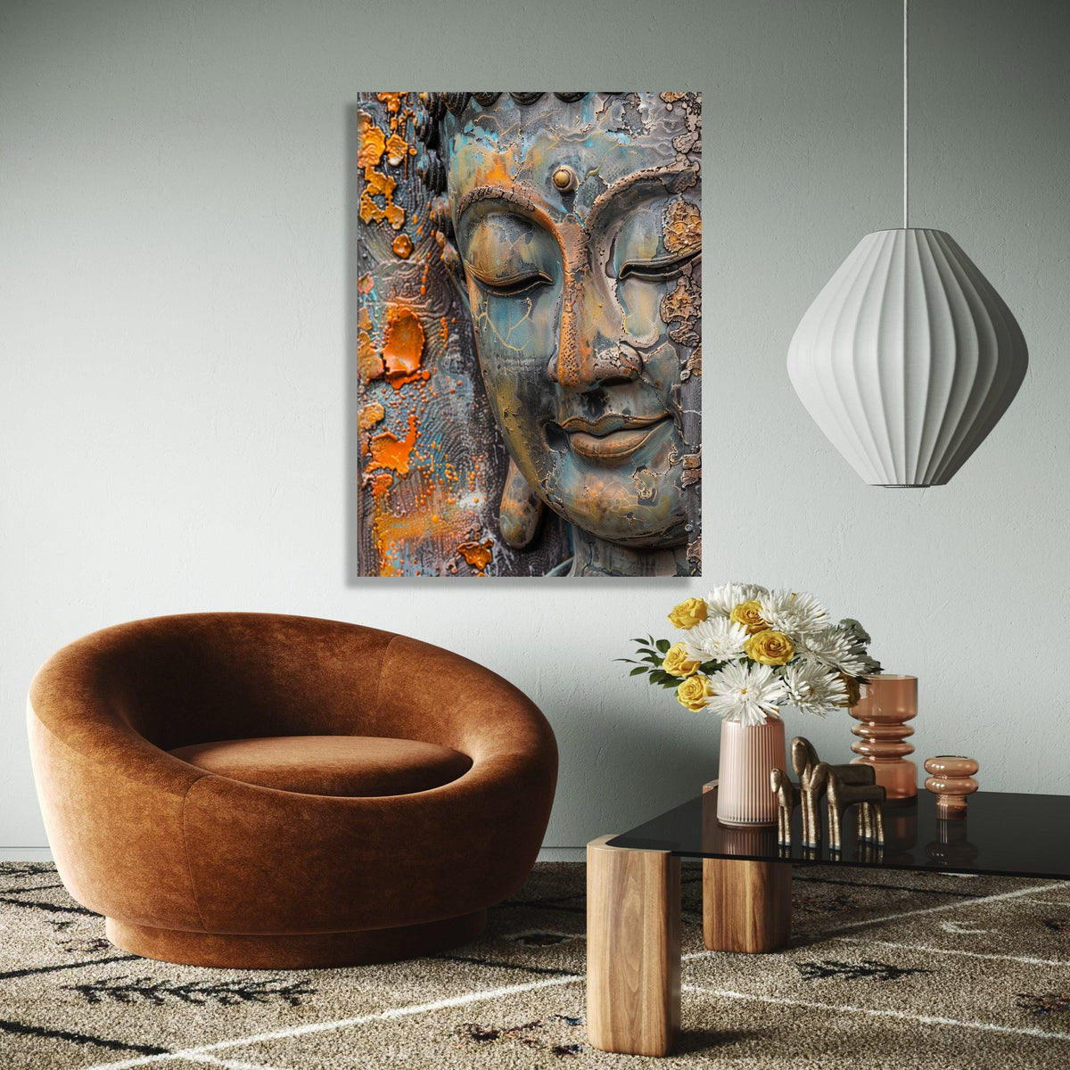Serene Buddha Face Canvas Wall Art, Rustic Patina Spiritual Meditation Decor, Zen Home Decoration, Peaceful Gift Art, Home Decor, Print