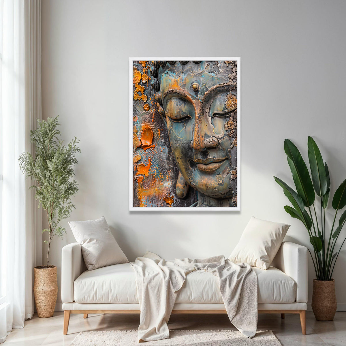 Serene Buddha Face Canvas Wall Art, Rustic Patina Spiritual Meditation Decor, Zen Home Decoration, Peaceful Gift Art, Home Decor, Print