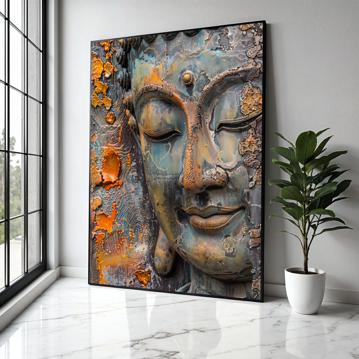 Serene Buddha Face Canvas Wall Art, Rustic Patina Spiritual Meditation Decor, Zen Home Decoration, Peaceful Gift Art, Home Decor, Print