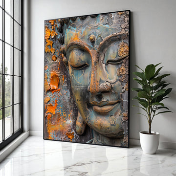 Serene Buddha Face Canvas Wall Art, Rustic Patina Spiritual Meditation Decor, Zen Home Decoration, Peaceful Gift Art, Home Decor, Print