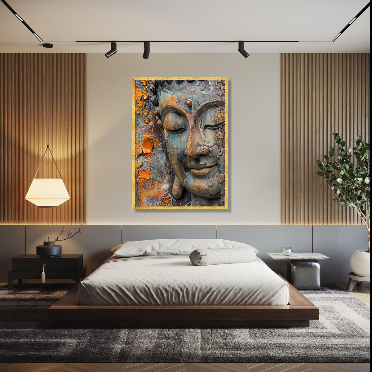 Serene Buddha Face Canvas Wall Art, Rustic Patina Spiritual Meditation Decor, Zen Home Decoration, Peaceful Gift Art, Home Decor, Print