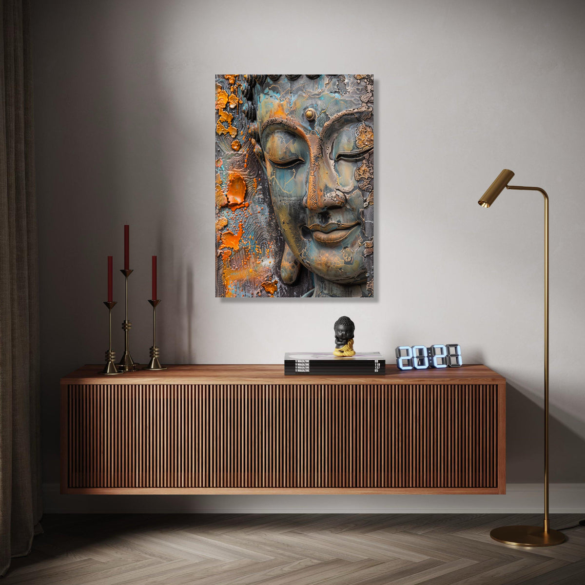 Serene Buddha Face Canvas Wall Art, Rustic Patina Spiritual Meditation Decor, Zen Home Decoration, Peaceful Gift Art, Home Decor, Print