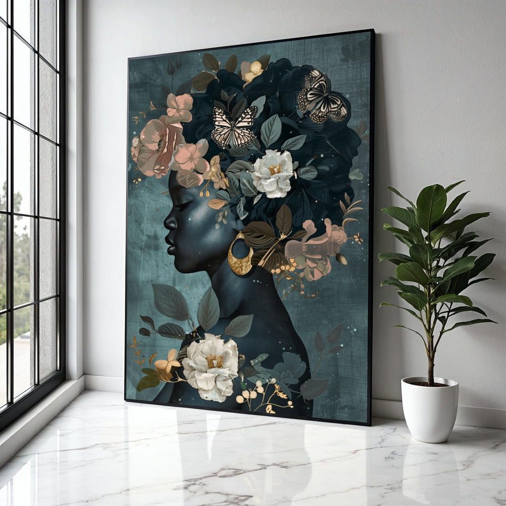 Elegant Black Woman Profile Canvas, Floral Crown Wall Art, Butterflies and Gold Accents, Modern Female Portrait, Gift Art, Home Decor, Print