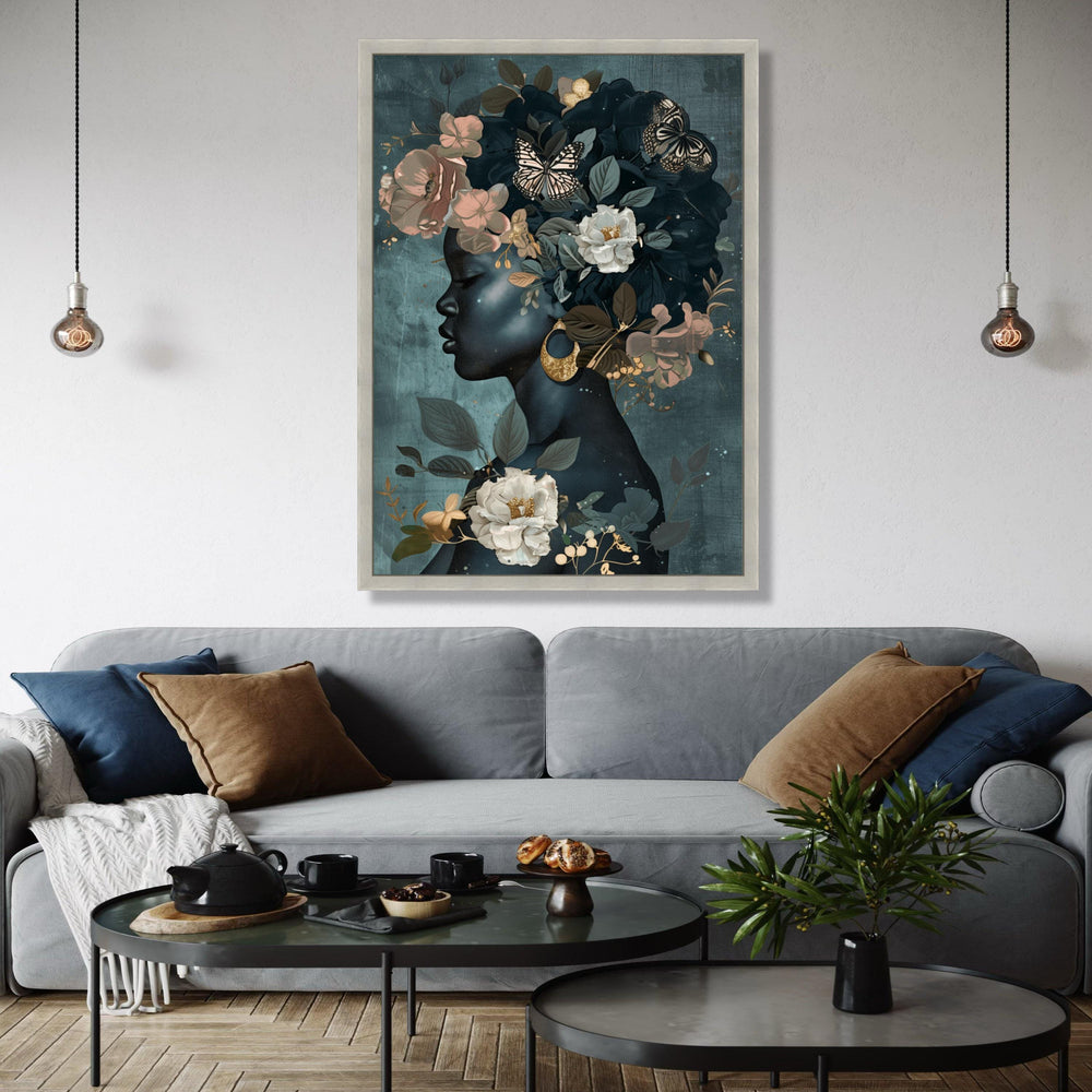 Elegant Black Woman Profile Canvas, Floral Crown Wall Art, Butterflies and Gold Accents, Modern Female Portrait, Gift Art, Home Decor, Print