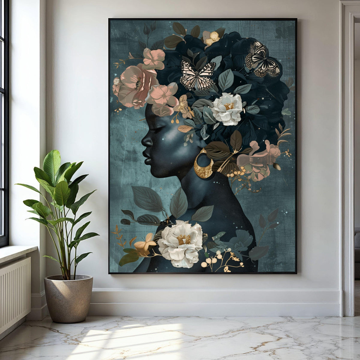 Elegant Black Woman Profile Canvas, Floral Crown Wall Art, Butterflies and Gold Accents, Modern Female Portrait, Gift Art, Home Decor, Print