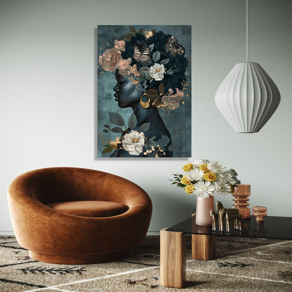 Elegant Black Woman Profile Canvas, Floral Crown Wall Art, Butterflies and Gold Accents, Modern Female Portrait, Gift Art, Home Decor, Print