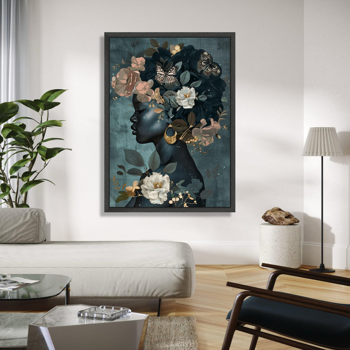 Elegant Black Woman Profile Canvas, Floral Crown Wall Art, Butterflies and Gold Accents, Modern Female Portrait, Gift Art, Home Decor, Print