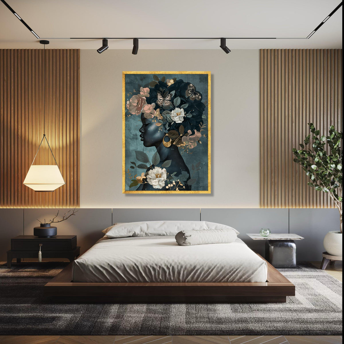 Elegant Black Woman Profile Canvas, Floral Crown Wall Art, Butterflies and Gold Accents, Modern Female Portrait, Gift Art, Home Decor, Print