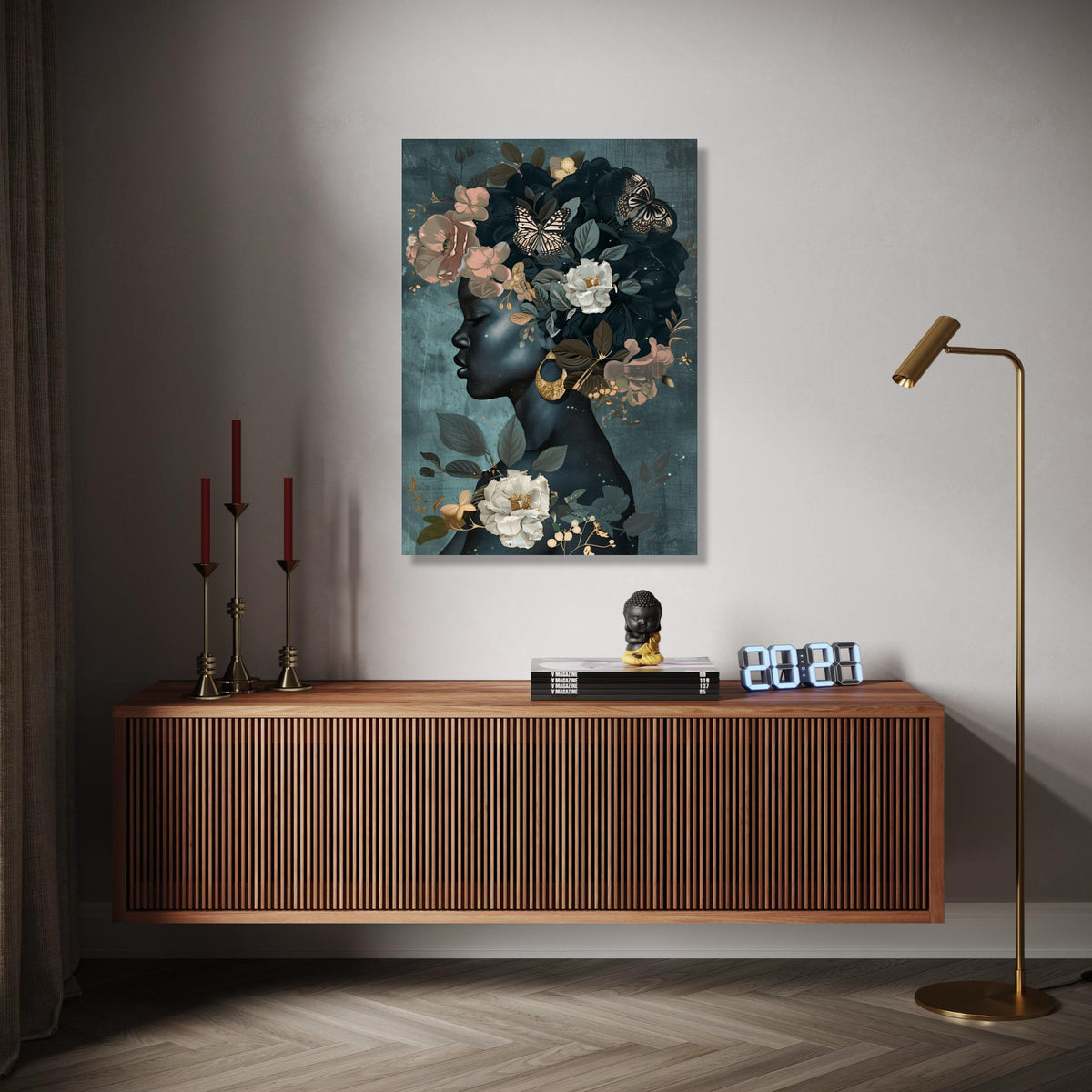 Elegant Black Woman Profile Canvas, Floral Crown Wall Art, Butterflies and Gold Accents, Modern Female Portrait, Gift Art, Home Decor, Print