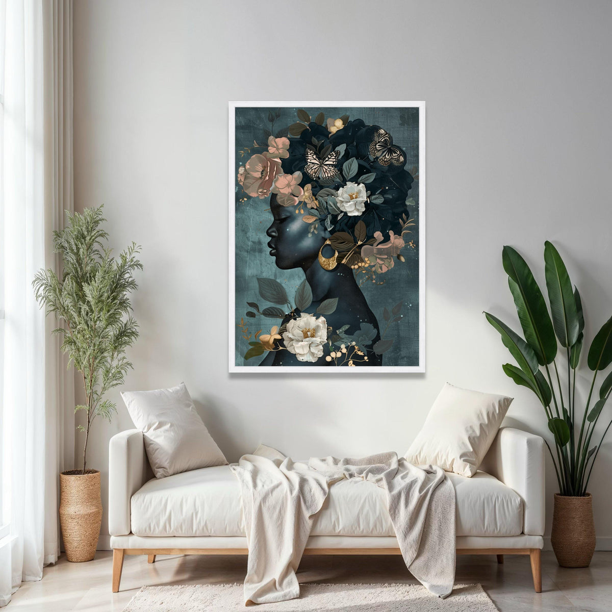 Elegant Black Woman Profile Canvas, Floral Crown Wall Art, Butterflies and Gold Accents, Modern Female Portrait, Gift Art, Home Decor, Print