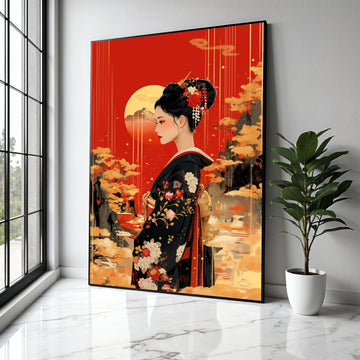 Elegant Geisha Portrait Canvas, Japanese Kimono Wall Art, Red and Gold Asian Decor, Traditional Floral Design, Gift Art, Home Decor, Print