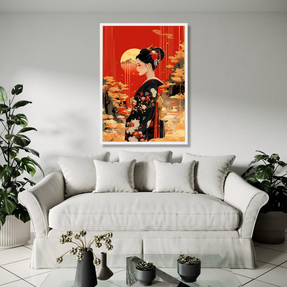 Elegant Geisha Portrait Canvas, Japanese Kimono Wall Art, Red and Gold Asian Decor, Traditional Floral Design, Gift Art, Home Decor, Print