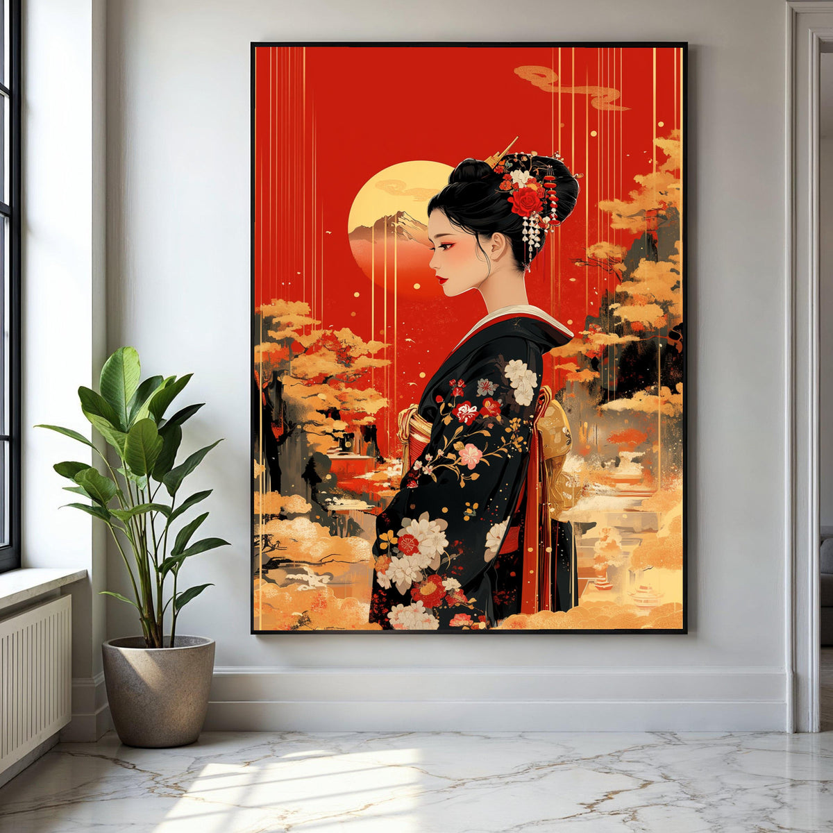 Elegant Geisha Portrait Canvas, Japanese Kimono Wall Art, Red and Gold Asian Decor, Traditional Floral Design, Gift Art, Home Decor, Print