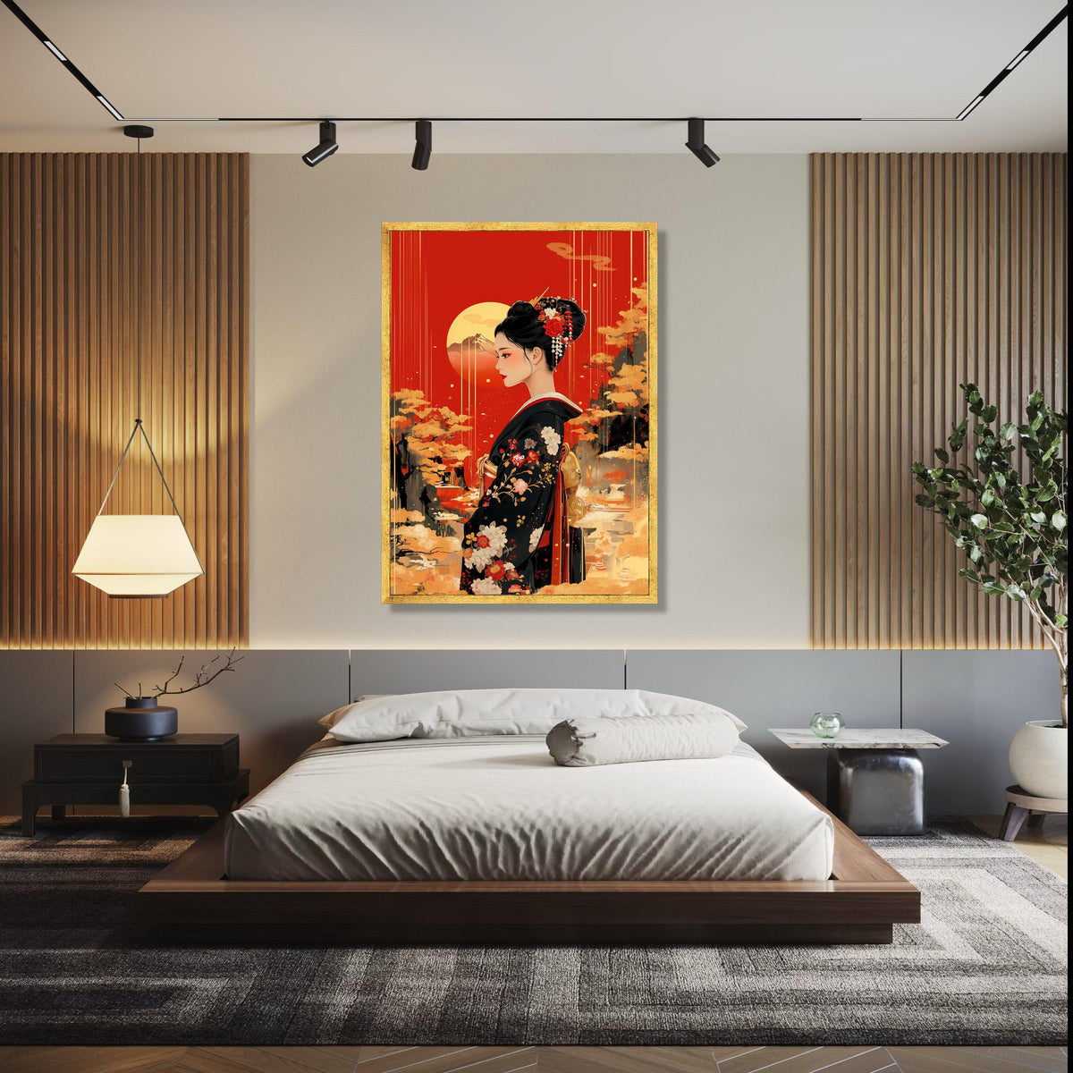 Elegant Geisha Portrait Canvas, Japanese Kimono Wall Art, Red and Gold Asian Decor, Traditional Floral Design, Gift Art, Home Decor, Print
