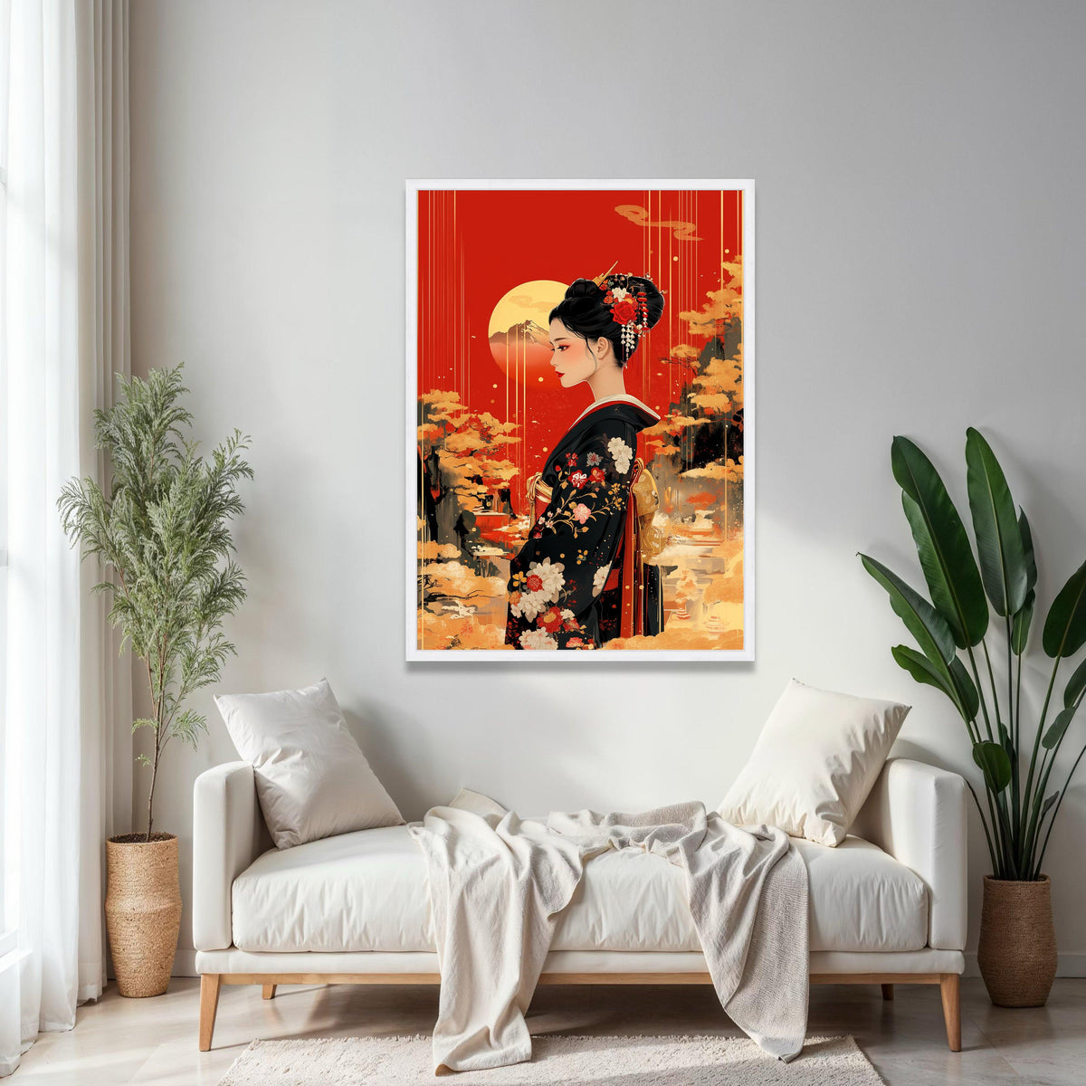 Elegant Geisha Portrait Canvas, Japanese Kimono Wall Art, Red and Gold Asian Decor, Traditional Floral Design, Gift Art, Home Decor, Print