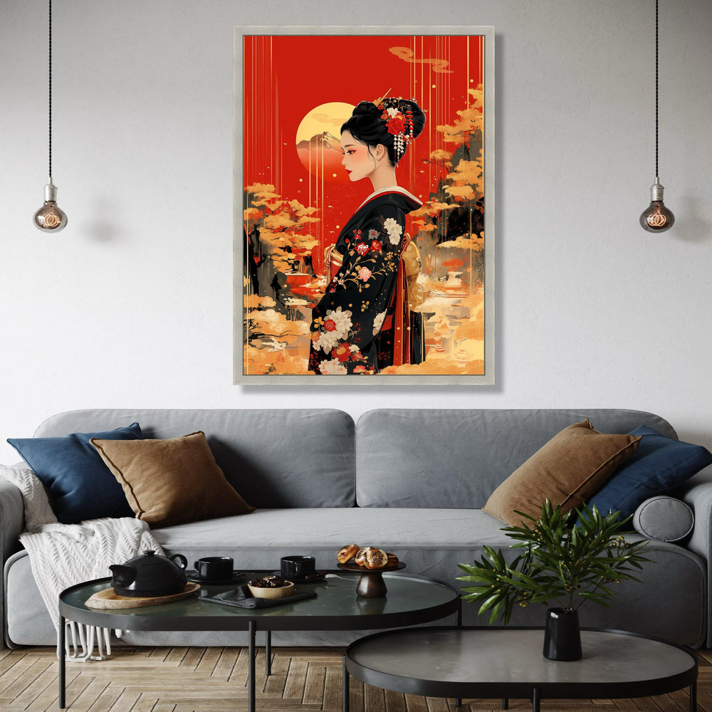 Elegant Geisha Portrait Canvas, Japanese Kimono Wall Art, Red and Gold Asian Decor, Traditional Floral Design, Gift Art, Home Decor, Print