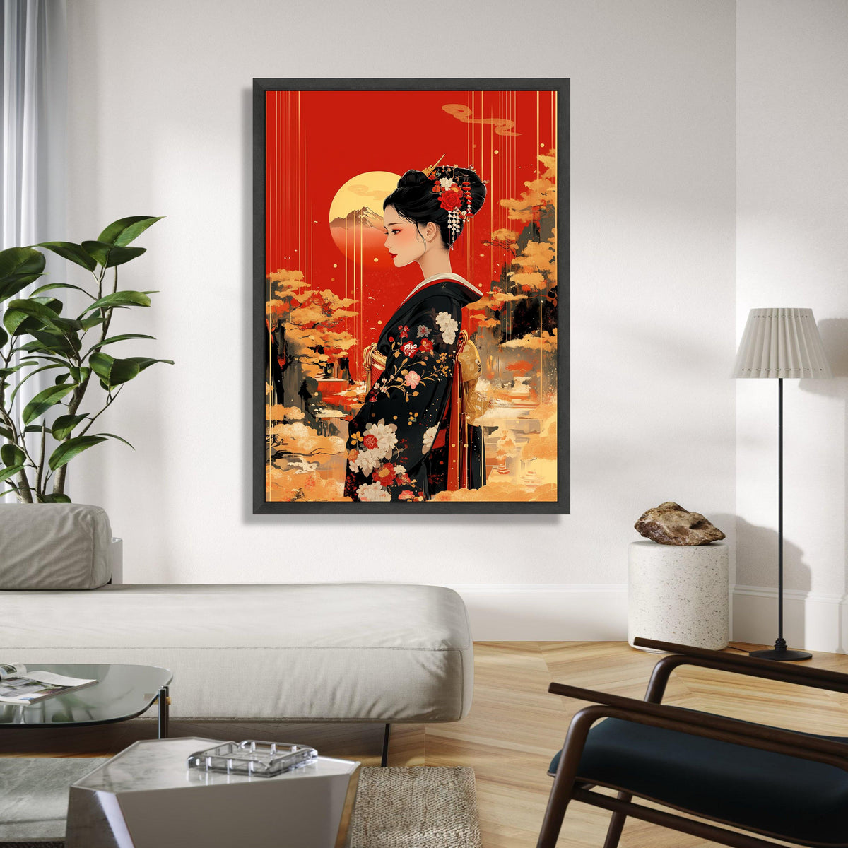 Elegant Geisha Portrait Canvas, Japanese Kimono Wall Art, Red and Gold Asian Decor, Traditional Floral Design, Gift Art, Home Decor, Print