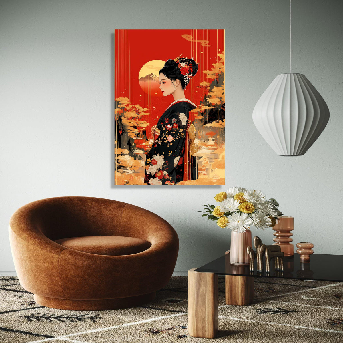 Elegant Geisha Portrait Canvas, Japanese Kimono Wall Art, Red and Gold Asian Decor, Traditional Floral Design, Gift Art, Home Decor, Print