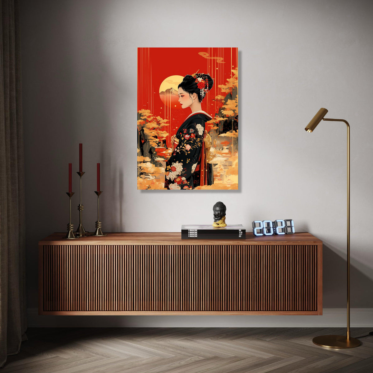 Elegant Geisha Portrait Canvas, Japanese Kimono Wall Art, Red and Gold Asian Decor, Traditional Floral Design, Gift Art, Home Decor, Print