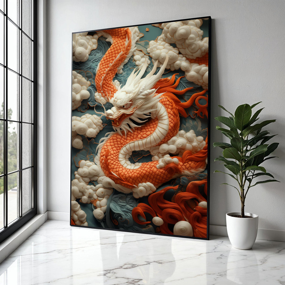 Majestic Orange Dragon Canvas, Asian Mythical Creature Wall Art, Embroidered Cloud Background, Oriental Home Gift Art, Home Decor, Print