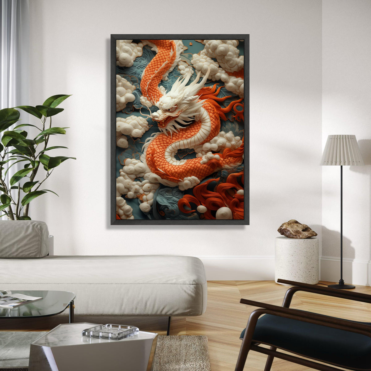 Majestic Orange Dragon Canvas, Asian Mythical Creature Wall Art, Embroidered Cloud Background, Oriental Home Gift Art, Home Decor, Print