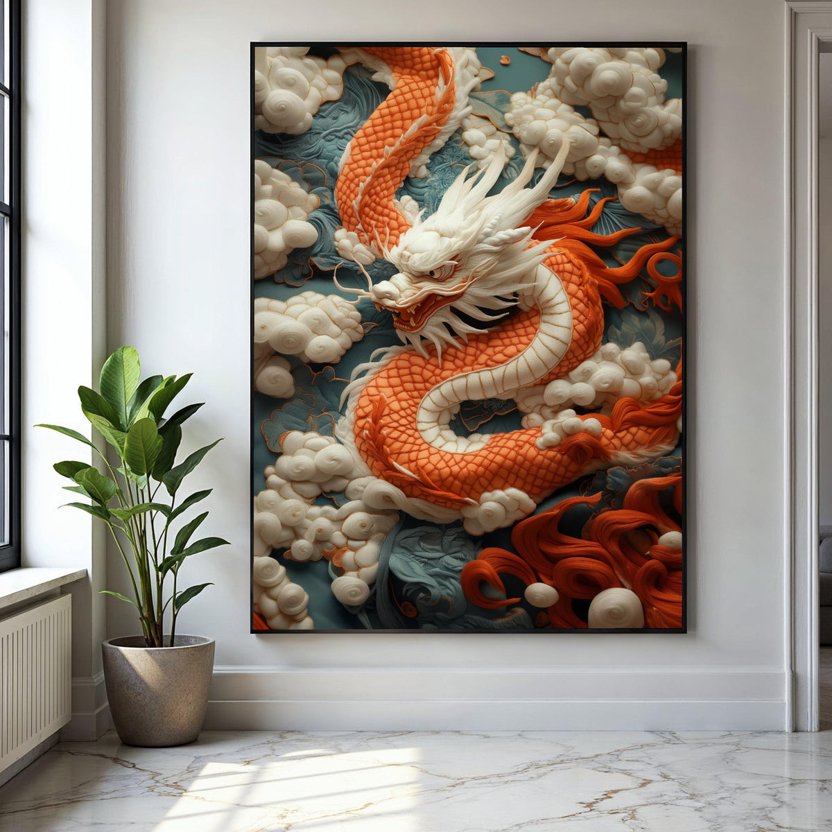 Majestic Orange Dragon Canvas, Asian Mythical Creature Wall Art, Embroidered Cloud Background, Oriental Home Gift Art, Home Decor, Print