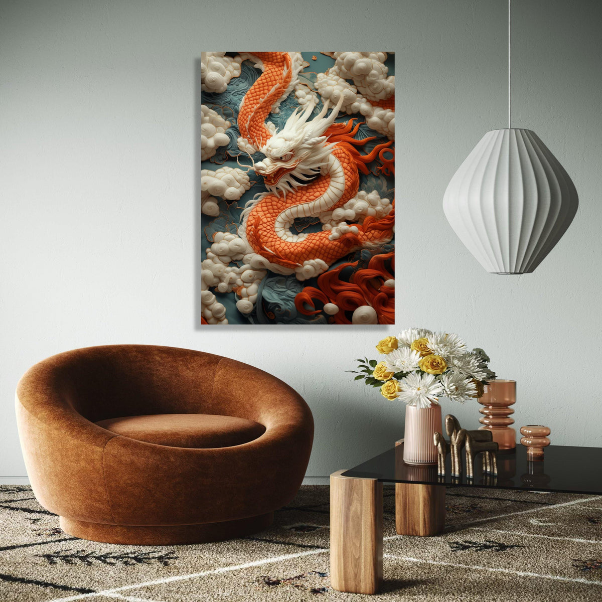 Majestic Orange Dragon Canvas, Asian Mythical Creature Wall Art, Embroidered Cloud Background, Oriental Home Gift Art, Home Decor, Print