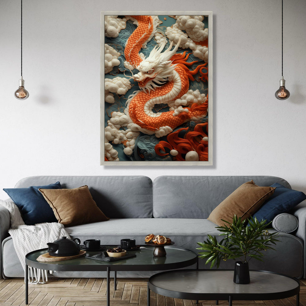 Majestic Orange Dragon Canvas, Asian Mythical Creature Wall Art, Embroidered Cloud Background, Oriental Home Gift Art, Home Decor, Print