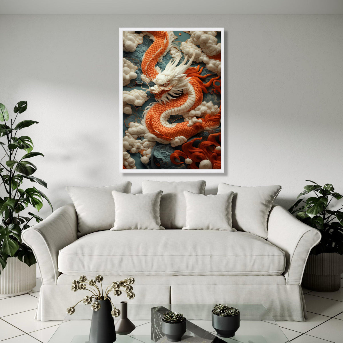 Majestic Orange Dragon Canvas, Asian Mythical Creature Wall Art, Embroidered Cloud Background, Oriental Home Gift Art, Home Decor, Print