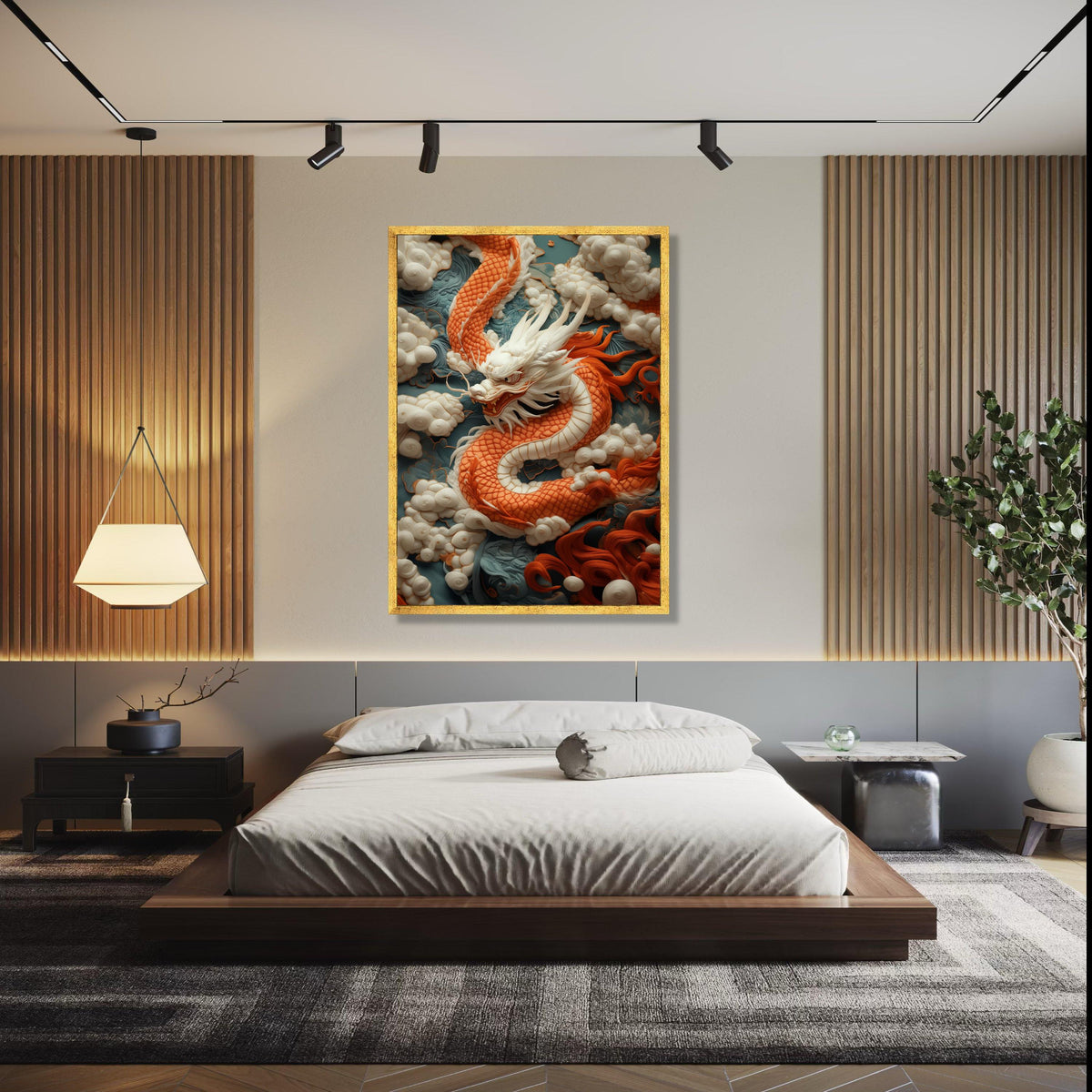 Majestic Orange Dragon Canvas, Asian Mythical Creature Wall Art, Embroidered Cloud Background, Oriental Home Gift Art, Home Decor, Print