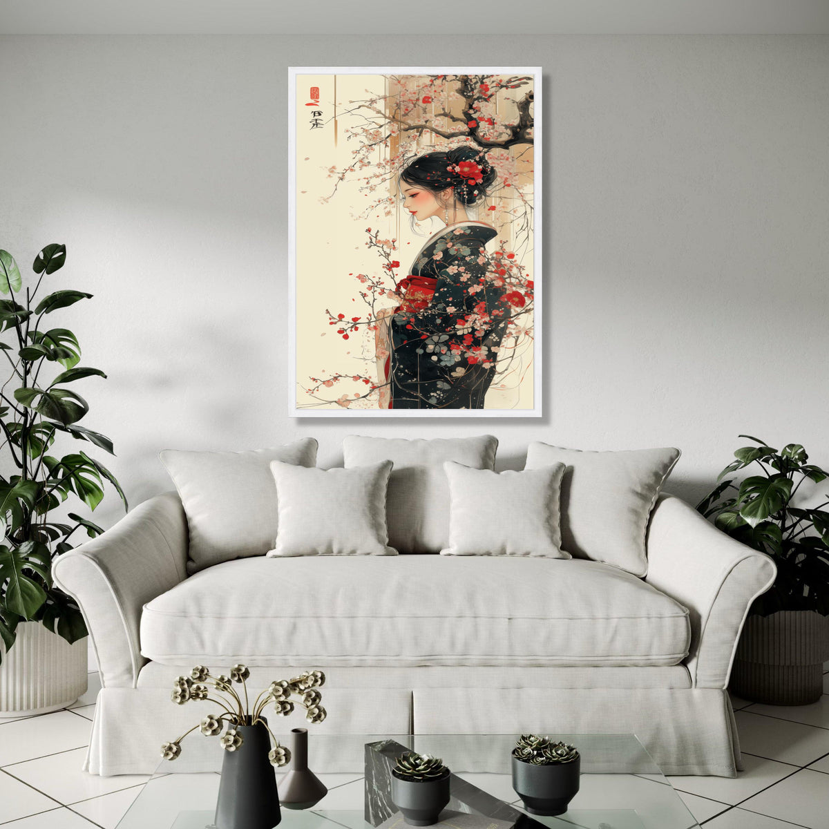 Elegant Geisha Woman with Cherry Blossoms, Japanese Kimono Canvas Wall Art, Asian Traditional Portrait, Floral Gift Art, Home Decor, Print