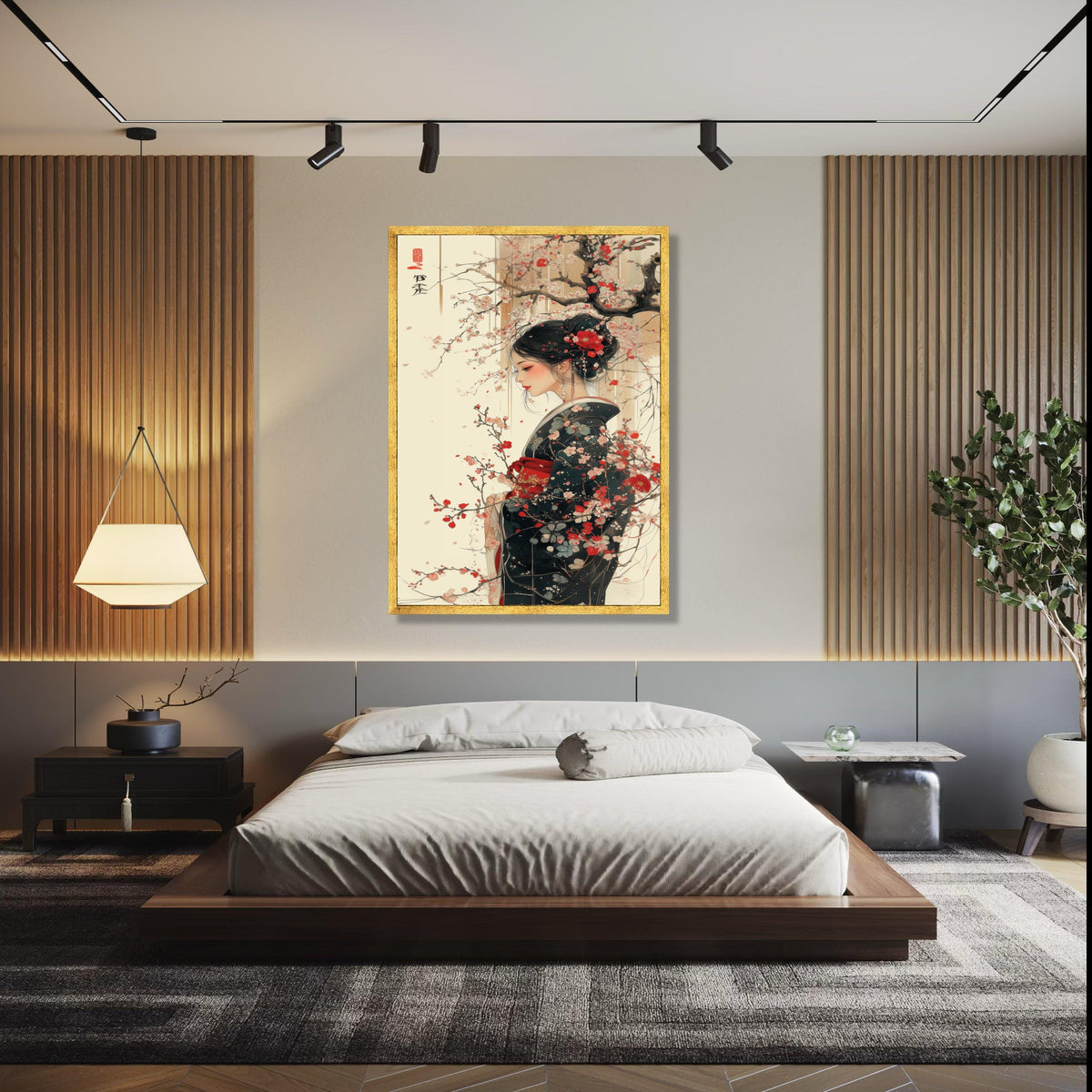 Elegant Geisha Woman with Cherry Blossoms, Japanese Kimono Canvas Wall Art, Asian Traditional Portrait, Floral Gift Art, Home Decor, Print