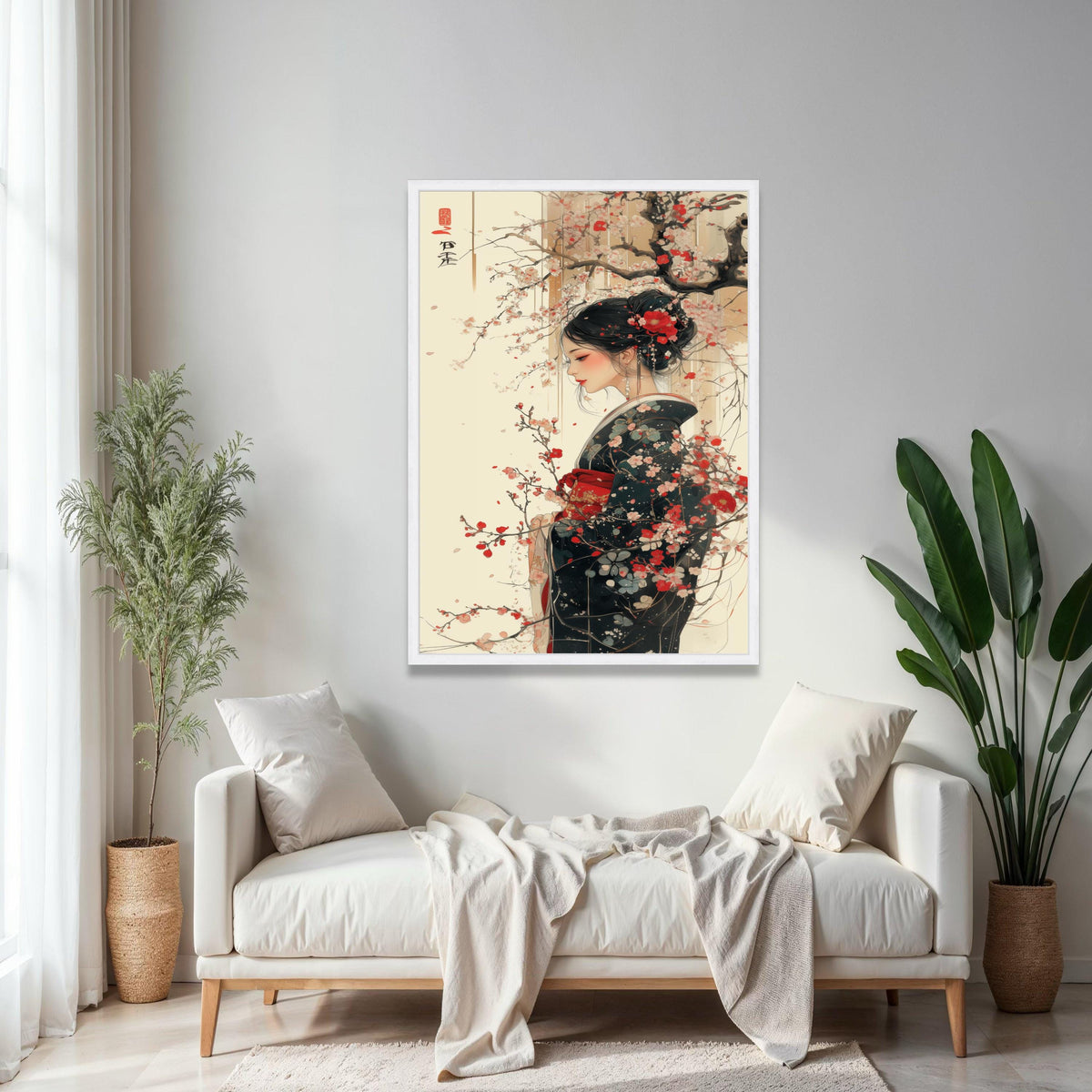 Elegant Geisha Woman with Cherry Blossoms, Japanese Kimono Canvas Wall Art, Asian Traditional Portrait, Floral Gift Art, Home Decor, Print