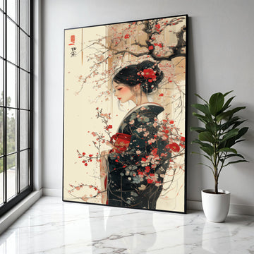 Elegant Geisha Woman with Cherry Blossoms, Japanese Kimono Canvas Wall Art, Asian Traditional Portrait, Floral Gift Art, Home Decor, Print
