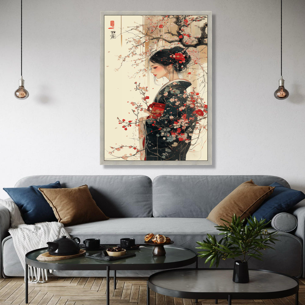Elegant Geisha Woman with Cherry Blossoms, Japanese Kimono Canvas Wall Art, Asian Traditional Portrait, Floral Gift Art, Home Decor, Print