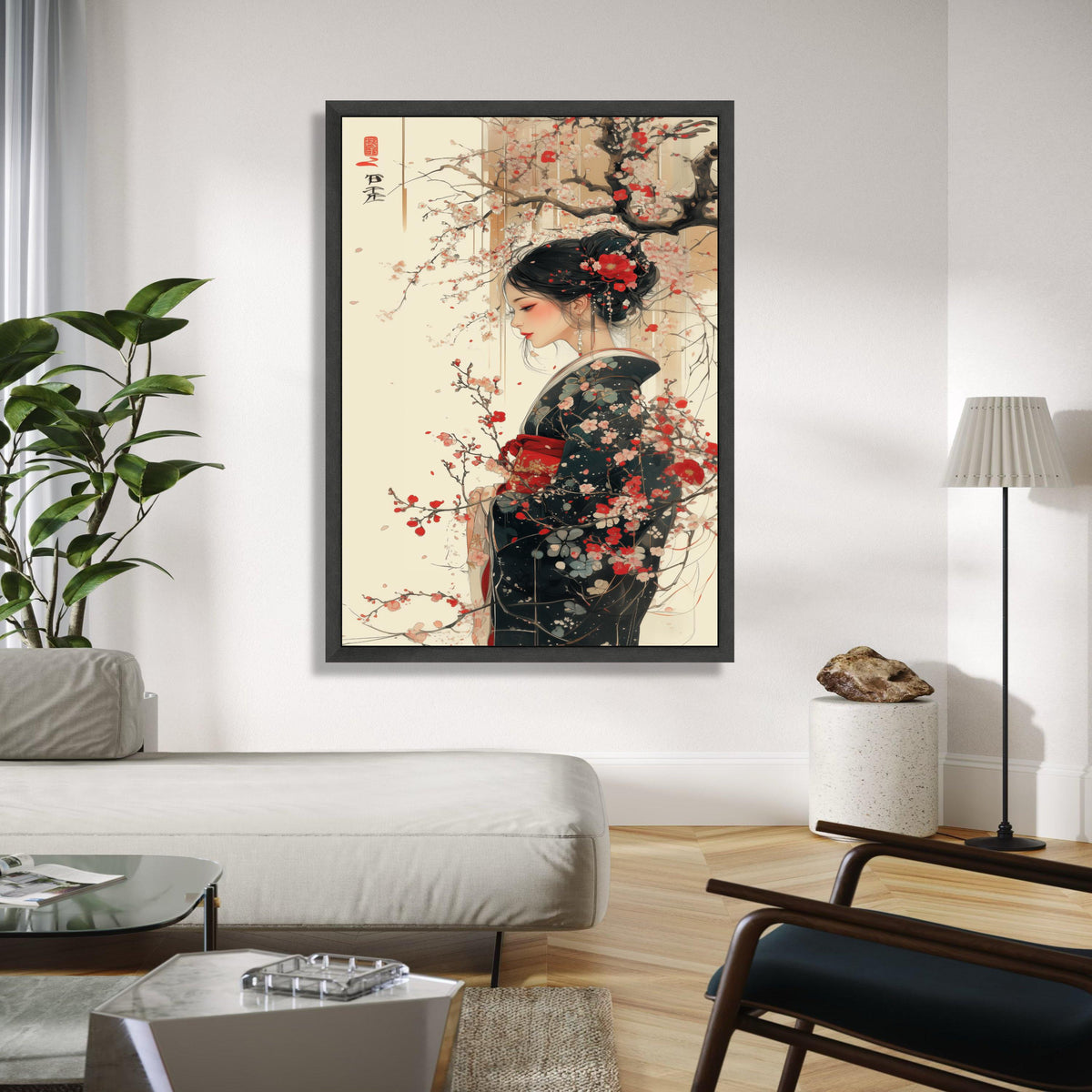 Elegant Geisha Woman with Cherry Blossoms, Japanese Kimono Canvas Wall Art, Asian Traditional Portrait, Floral Gift Art, Home Decor, Print