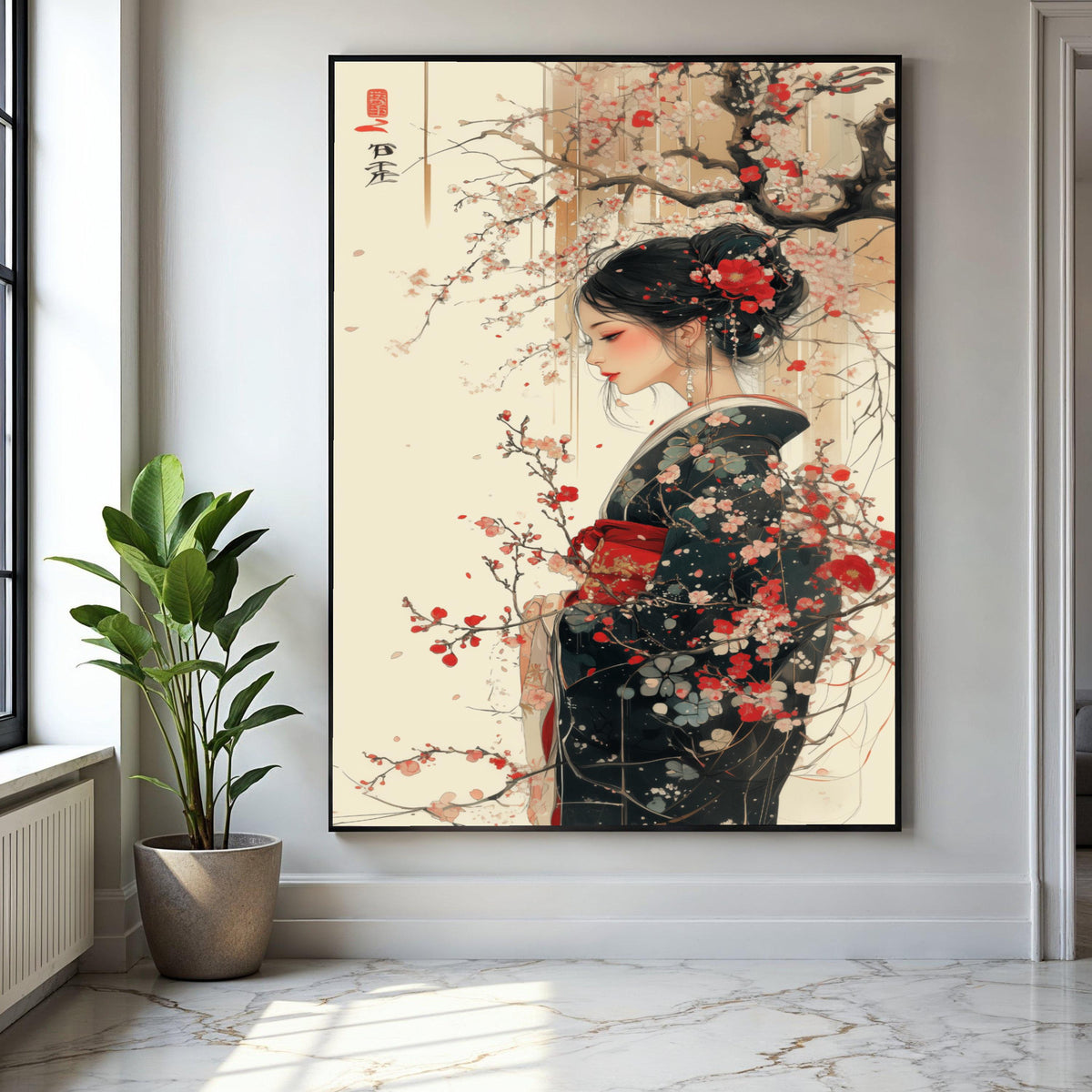 Elegant Geisha Woman with Cherry Blossoms, Japanese Kimono Canvas Wall Art, Asian Traditional Portrait, Floral Gift Art, Home Decor, Print